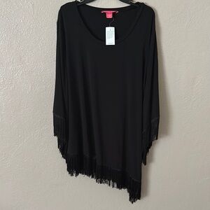 Sunny Leigh Women Plus Size 1X Asymmetrical Fringe Tunic Top Blouse Shirt Black